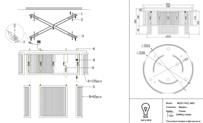 Maytoni Frame unutrašnja plafonska lampa zlatna 60W - Slika 2